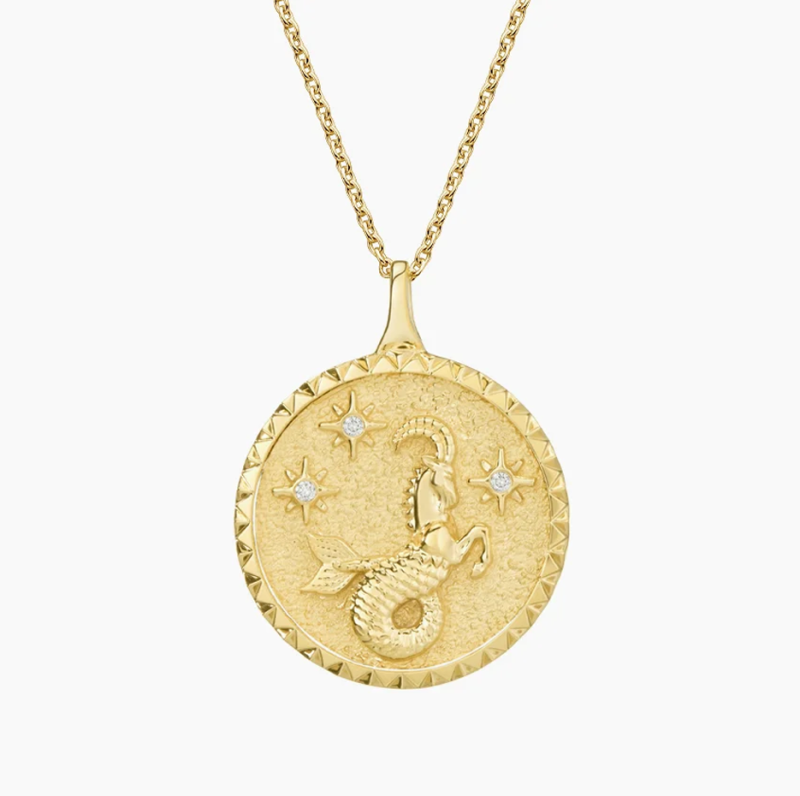 10K Gold Capricorn Zodiac Sign Diamond Medallion Pendant Necklace-1