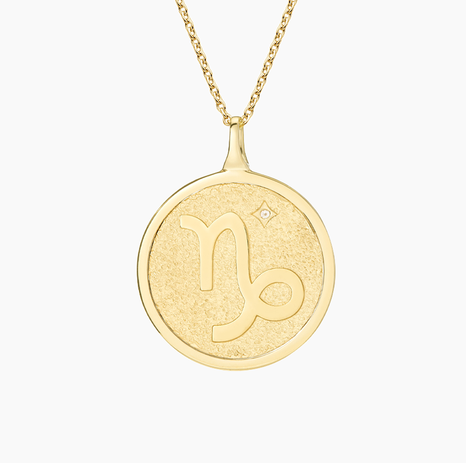 14K Gold Capricorn Zodiac Sign Diamond Medallion Pendant Necklace-3