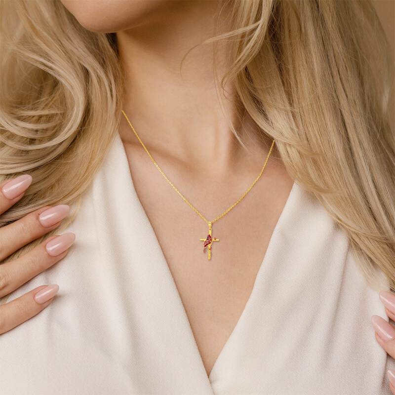 Collar con colgante de cardenal y cruz en oro blanco de 10 quilates-2