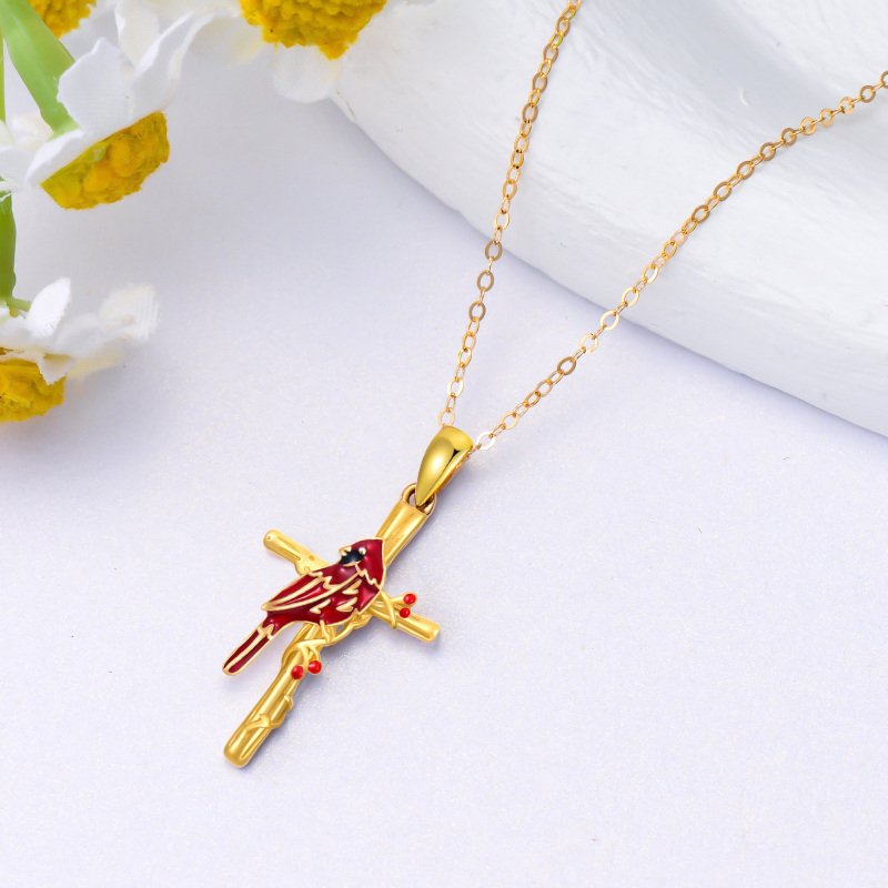 Collar con colgante de cardenal y cruz en oro blanco de 10 quilates-4