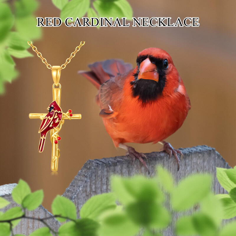 Collar con colgante de cardenal y cruz en oro blanco de 10 quilates-6