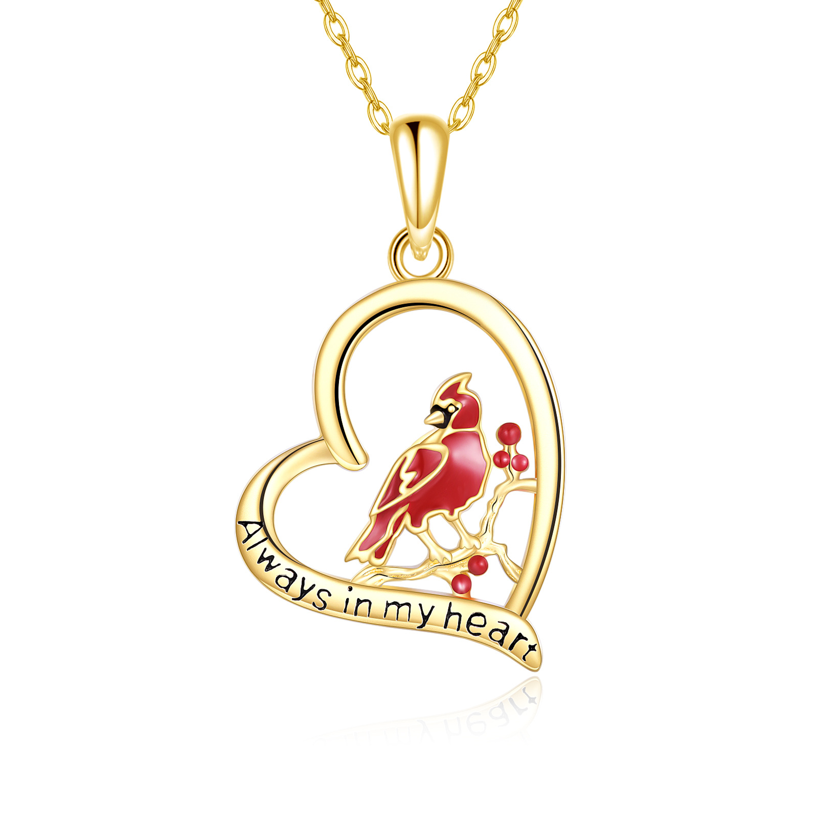 Image of 14K Gold Cardinal & Heart Pendant Necklace with Engraved Word