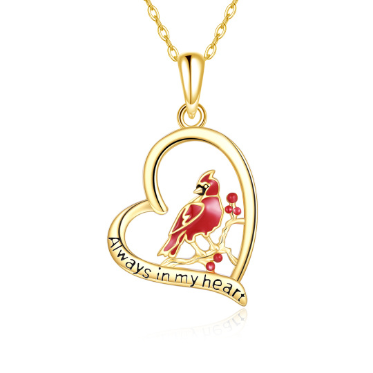 Collana con ciondolo a forma di cardinale e cuore in oro 14K con parola incisa