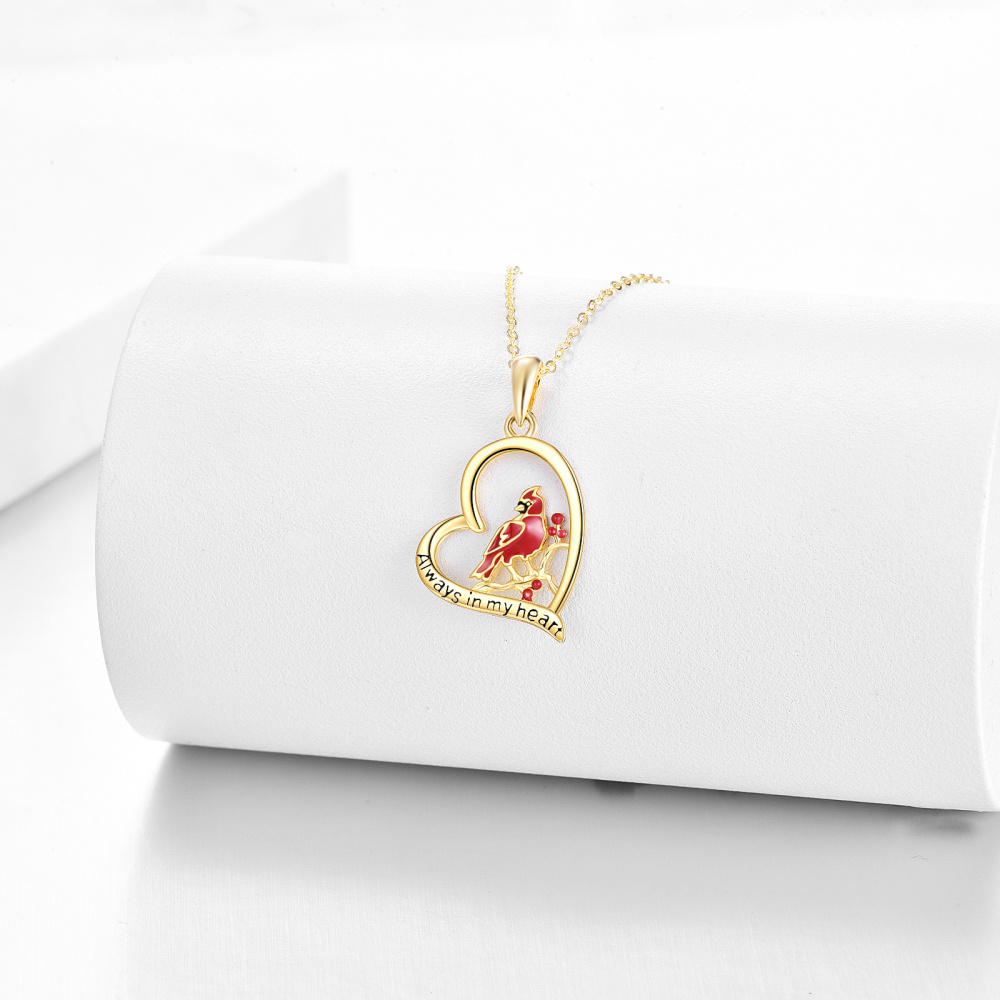 10K Gold Cardinal & Heart Pendant Necklace with Engraved Word-3