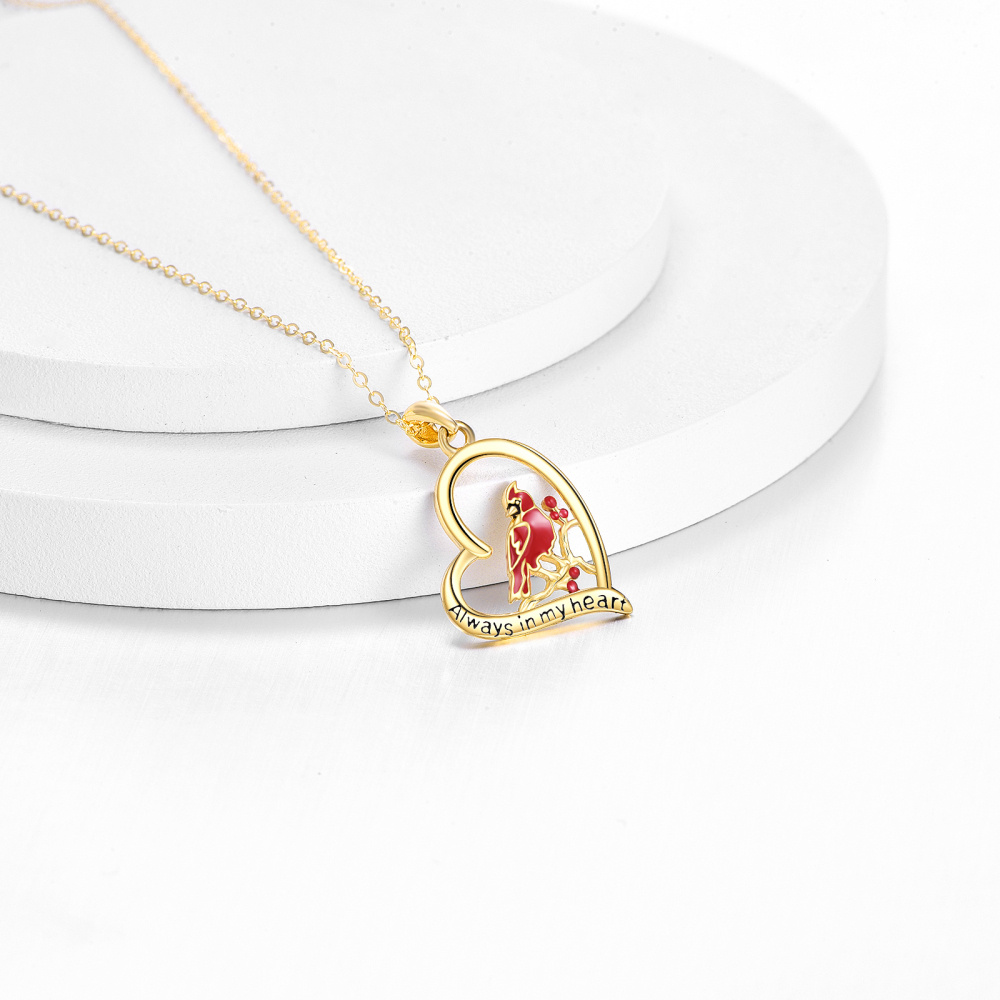 10K Gold Cardinal & Heart Pendant Necklace with Engraved Word-4