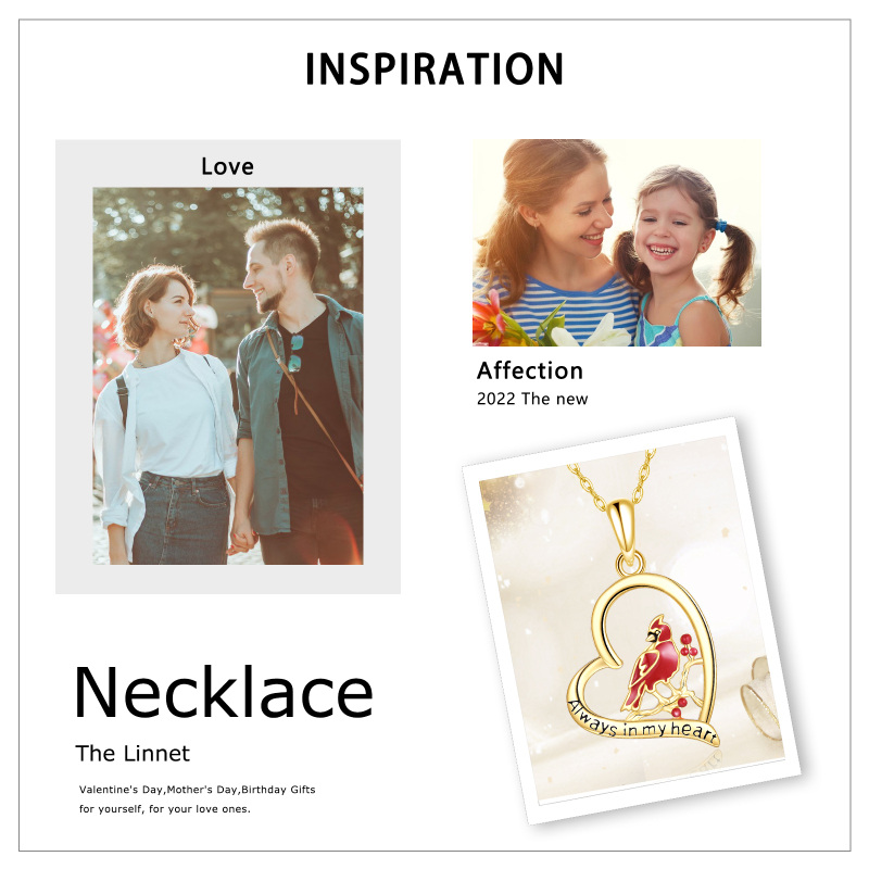 Colar com pendente de cardeal e coração em ouro branco 10K com palavra gravada.-5