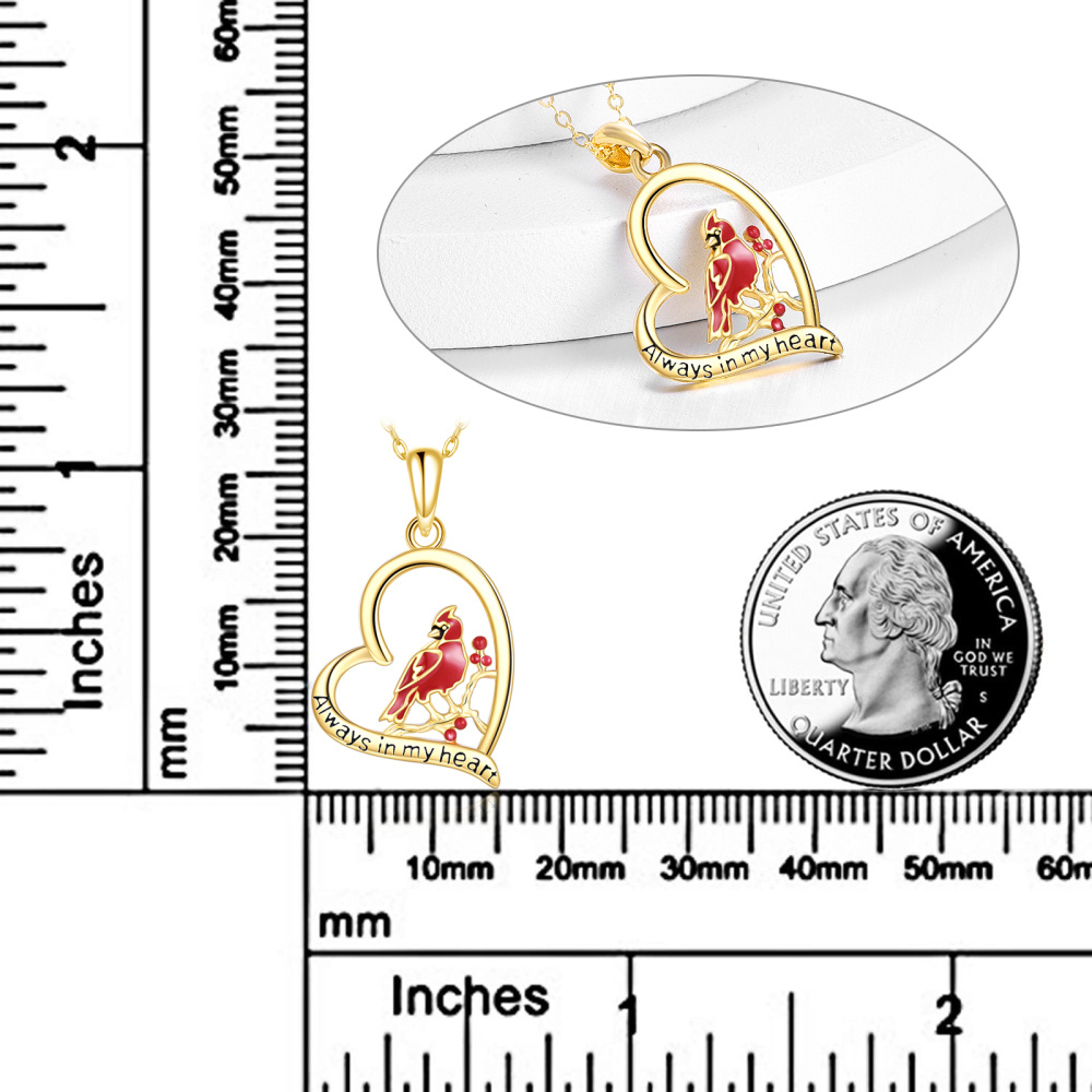 10K Gold Cardinal & Heart Pendant Necklace with Engraved Word-6
