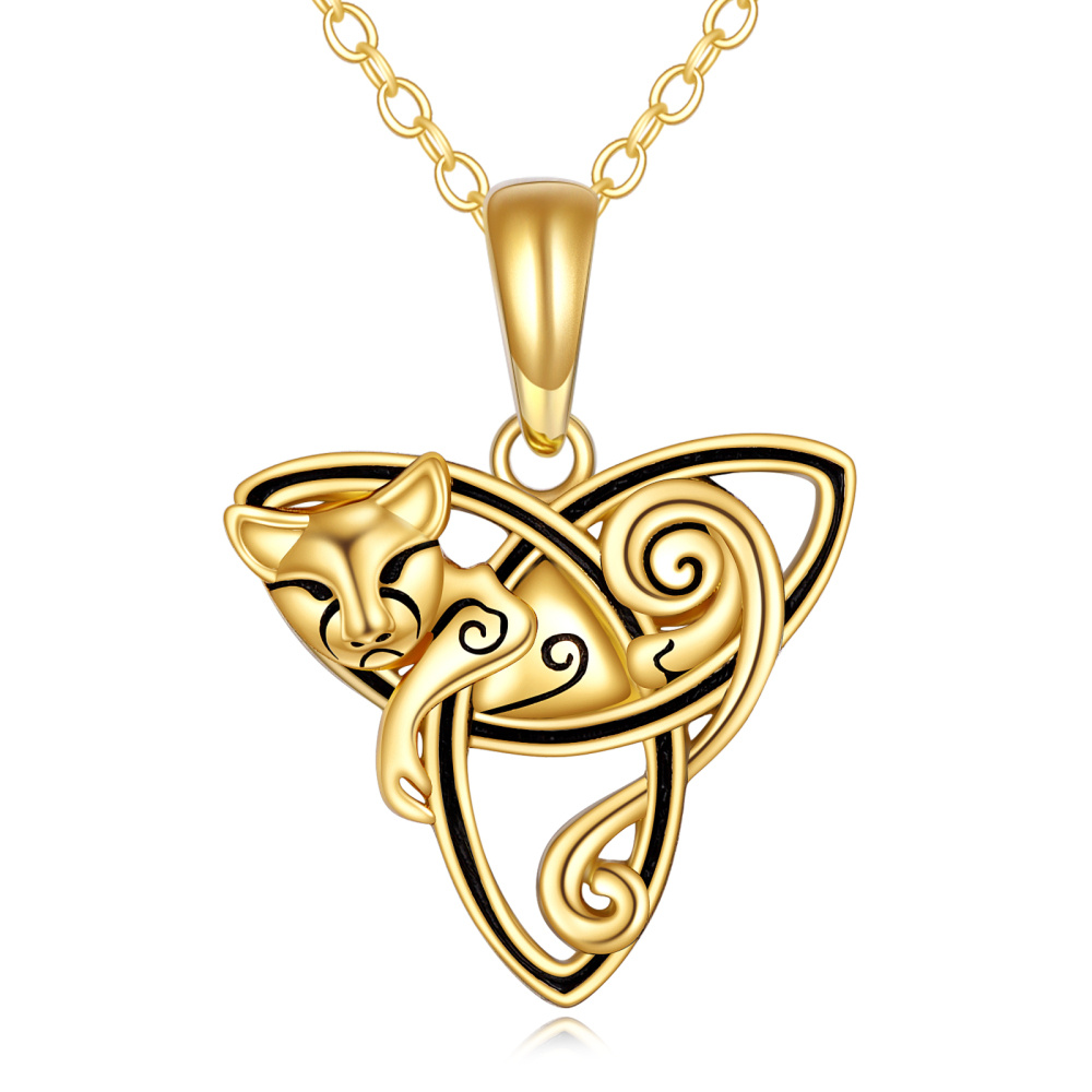 10K Gold Cat & Celtic Knot Pendant Necklace-1