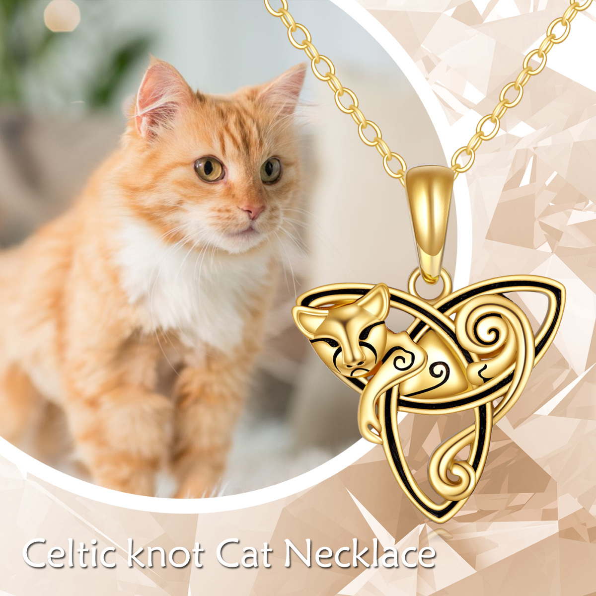 14K Gold Katze & Keltischer Knoten Anhänger Halskette-5