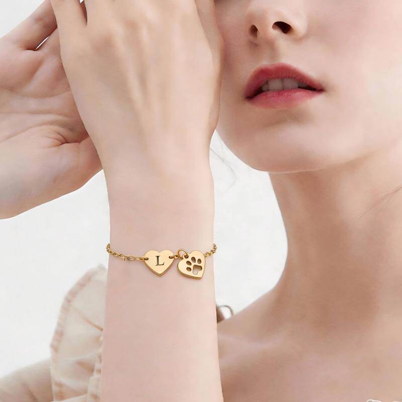 Pulsera de abalorios personalizada con huellas de gato y perro en oro de 14 quilates-2
