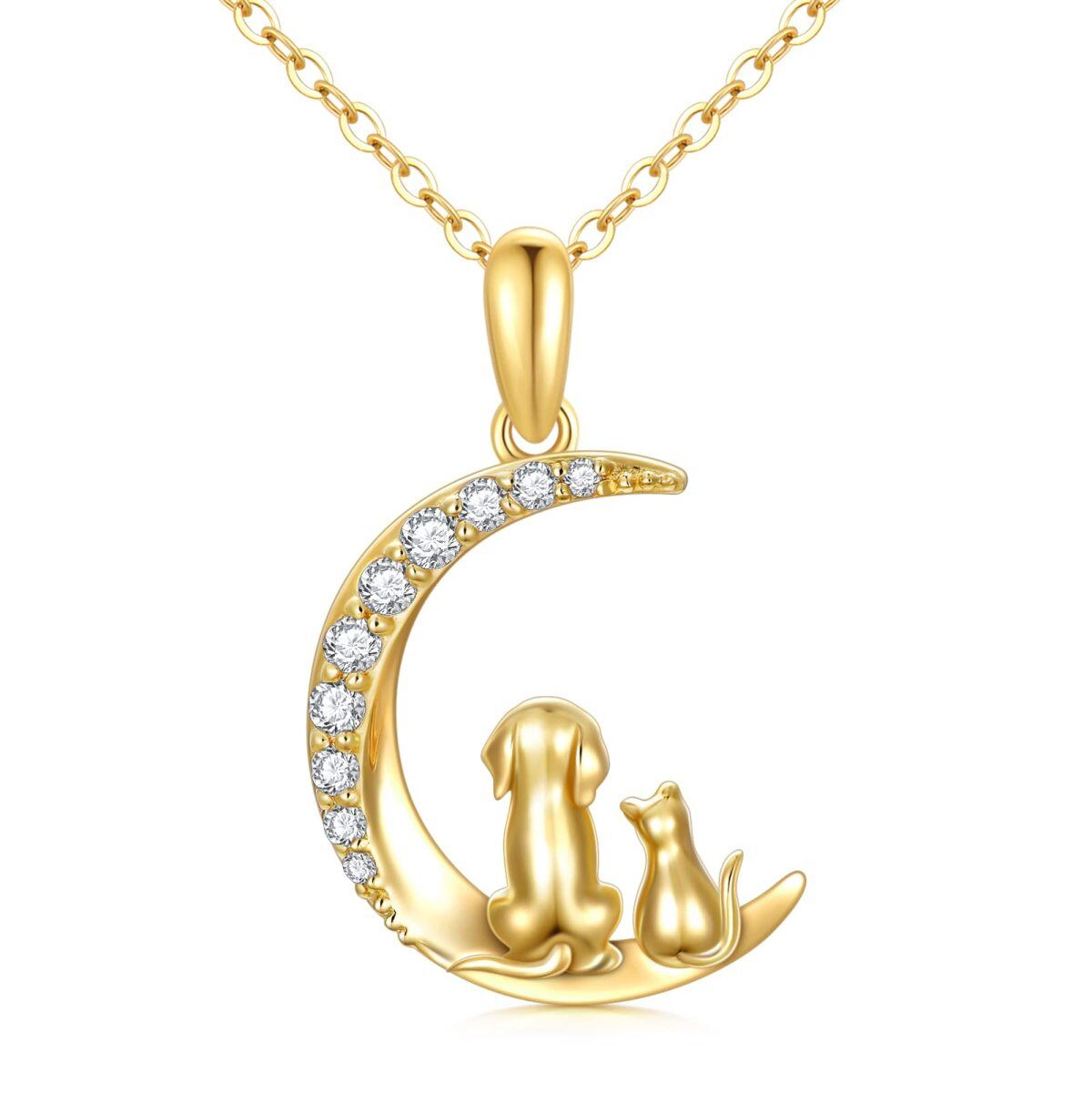 10K Gold Cubic Zirconia Cat Dog And Moon Pendant Necklace For Women-1