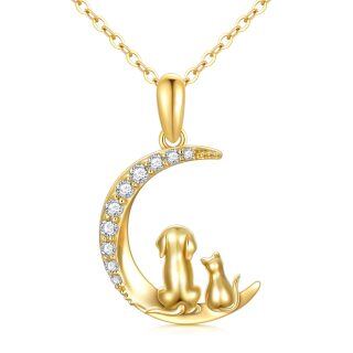 10K Gold Cubic Zirconia Cat Dog And Moon Pendant Necklace For Women-17