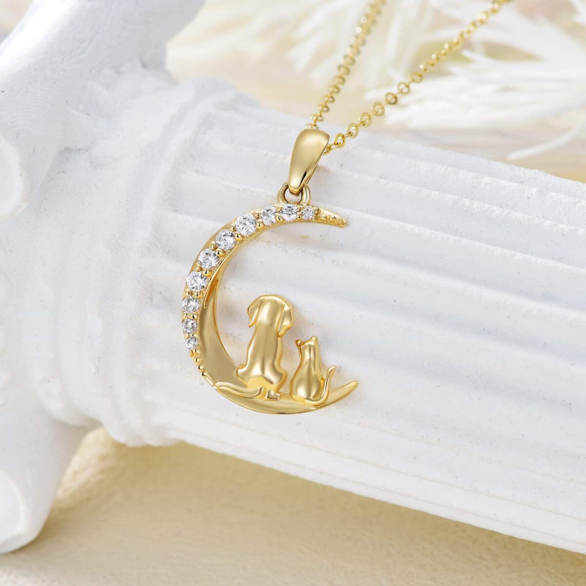 10K Gold Cubic Zirconia Cat Dog And Moon Pendant Necklace For Women-3