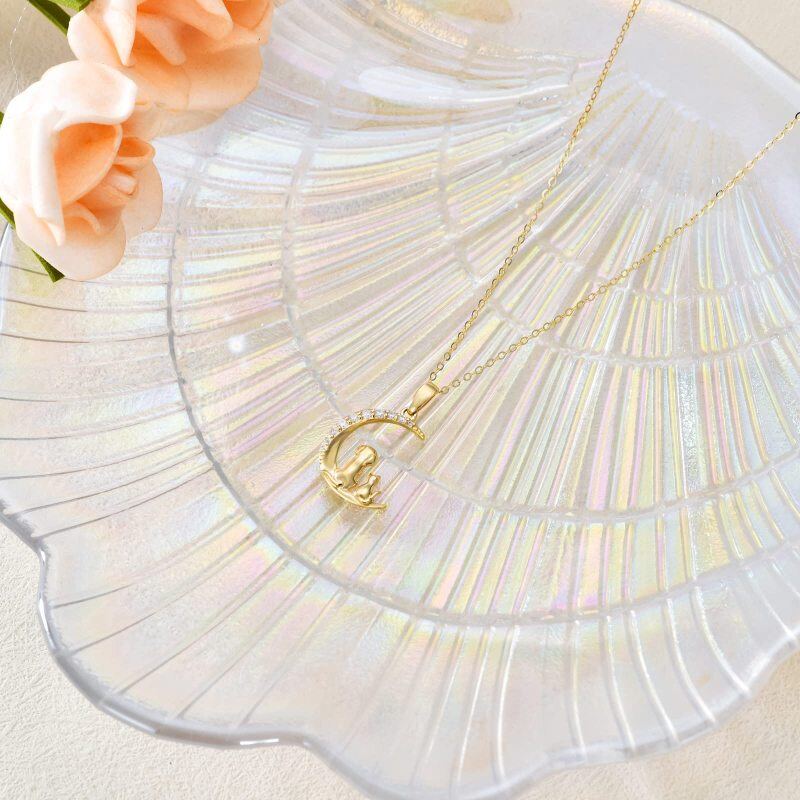 10K Gold Cubic Zirconia Cat Dog And Moon Pendant Necklace For Women-4