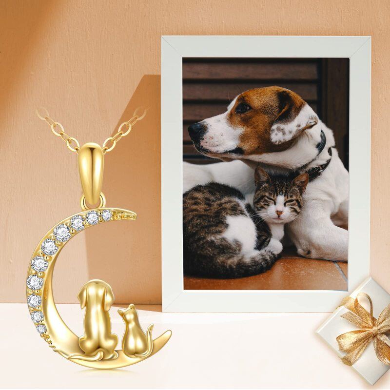 10K Gold Cubic Zirconia Cat Dog And Moon Pendant Necklace For Women-5