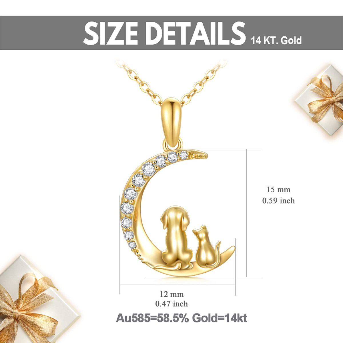 10K Gold Cubic Zirconia Cat Dog And Moon Pendant Necklace For Women-6