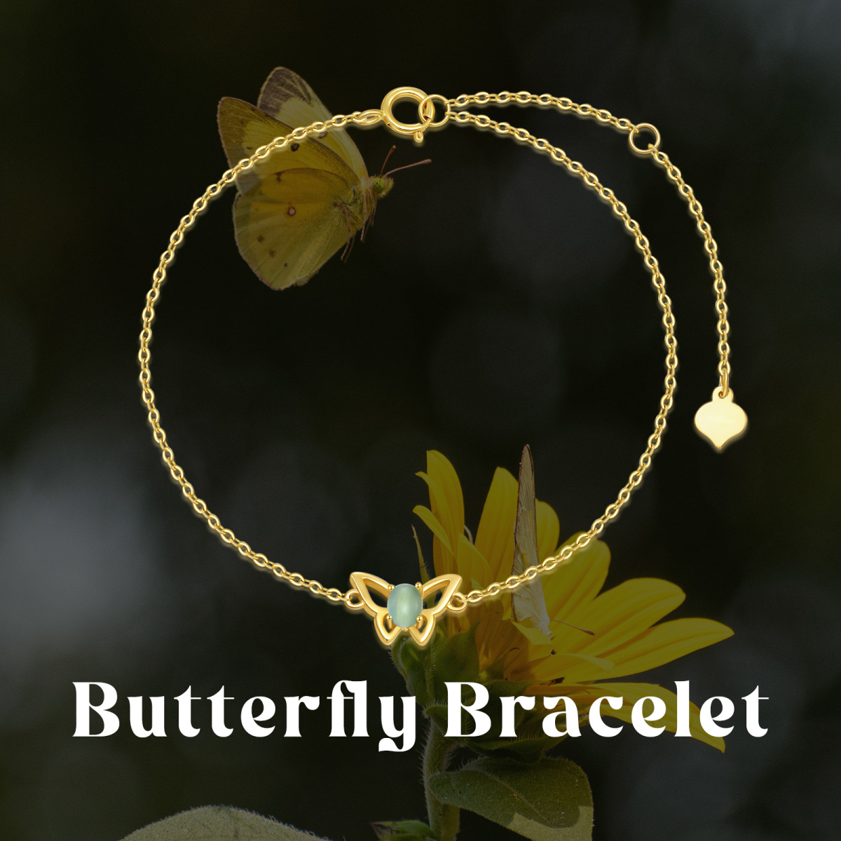 Pulsera con colgante de mariposa y piedra de ojo de gato en oro de 14 quilates-6