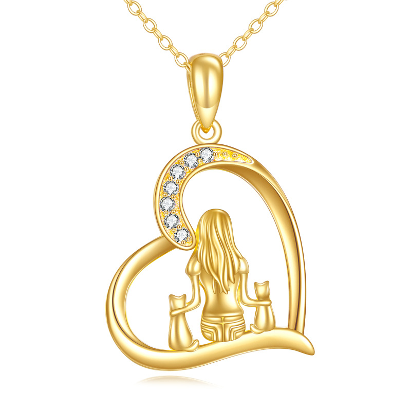 10K Gold Cubic Zirconia Two Cat & Girl Heart Pendant Necklace-18