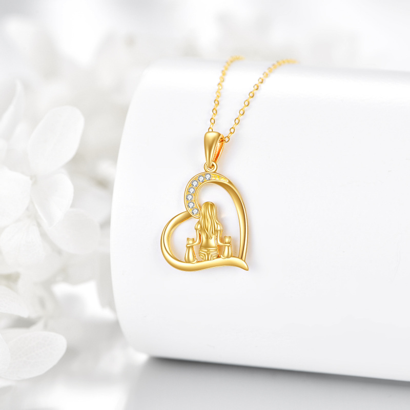 10K witgouden ketting met kubieke zirkonia, kat en hart hanger-3