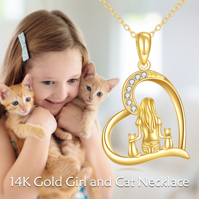 10K witgouden ketting met kubieke zirkonia, kat en hart hanger-5