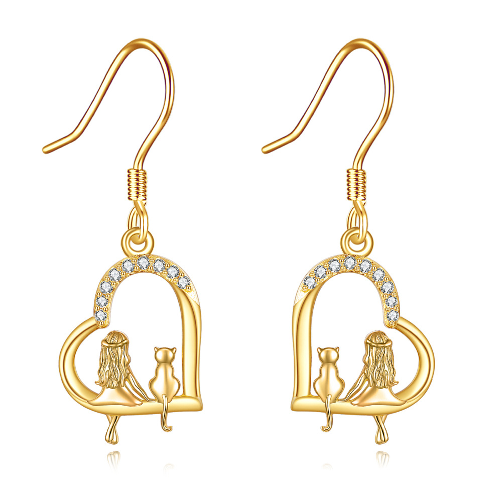 10K Gold Cubic Zirconia Cat & Heart Drop Earrings-1