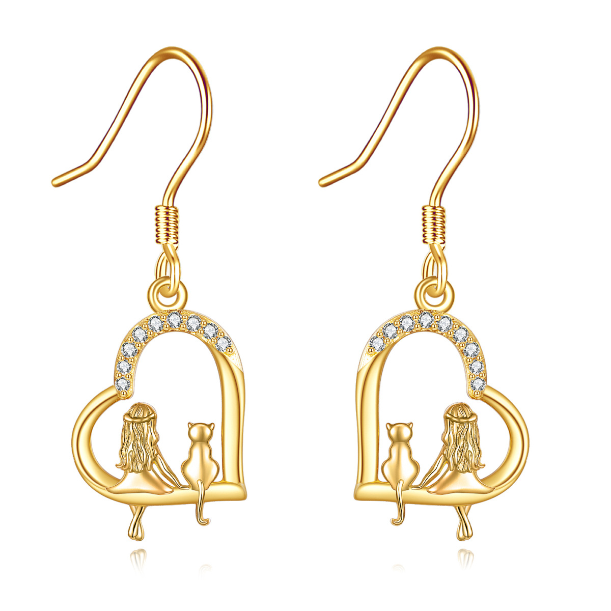 Boucles d'oreilles pendantes en or 14K avec chat et coeur en zircon cubique-1