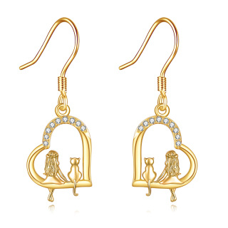 10K Gold Cubic Zirconia Cat & Heart Drop Earrings-19