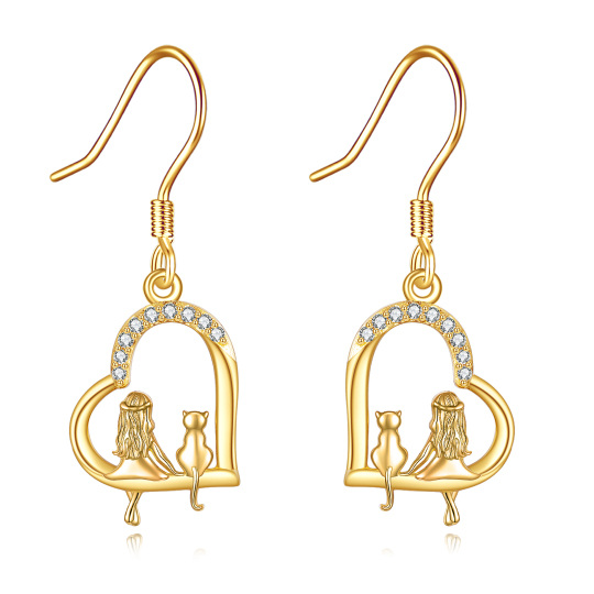 Boucles d'oreilles pendantes en or 14K avec chat et coeur en zircon cubique