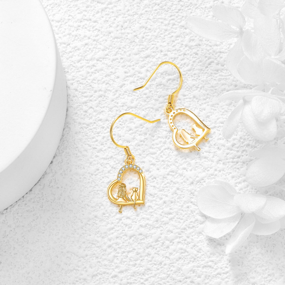 Boucles d'oreilles pendantes en or 14K avec chat et coeur en zircon cubique-4