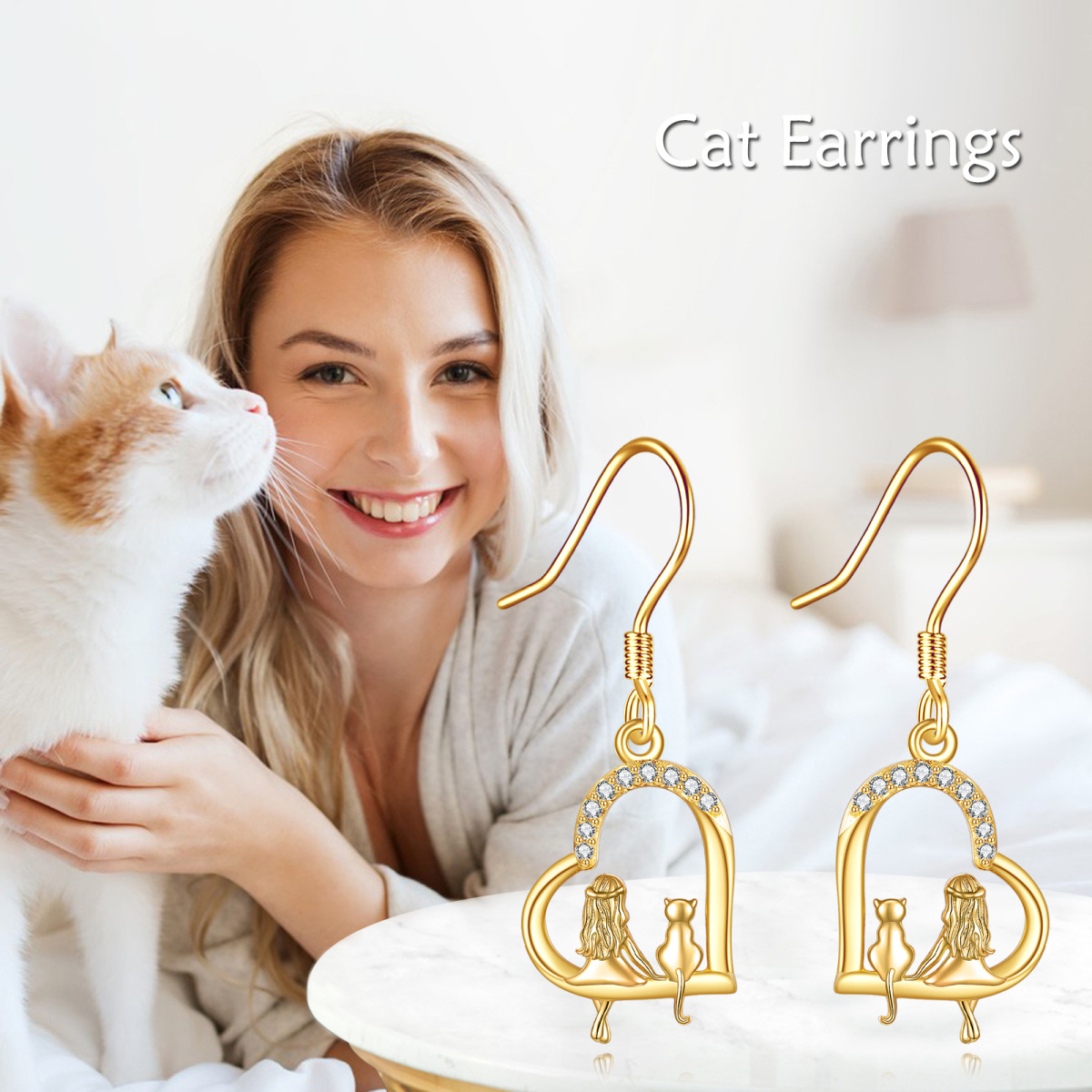 Boucles d'oreilles pendantes en or 14K avec chat et coeur en zircon cubique-5