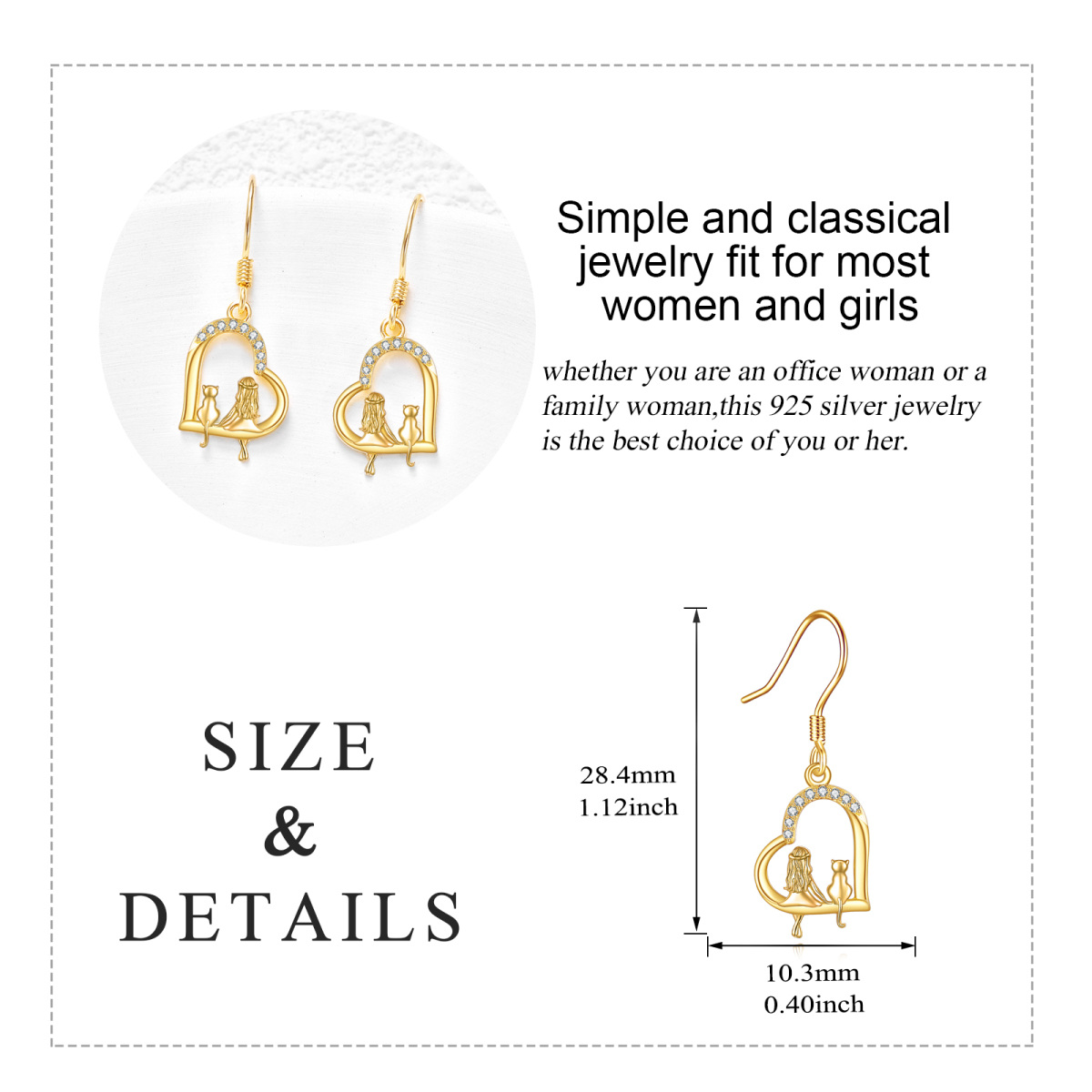 14K Gold Cubic Zirconia Cat & Heart Drop Earrings-6