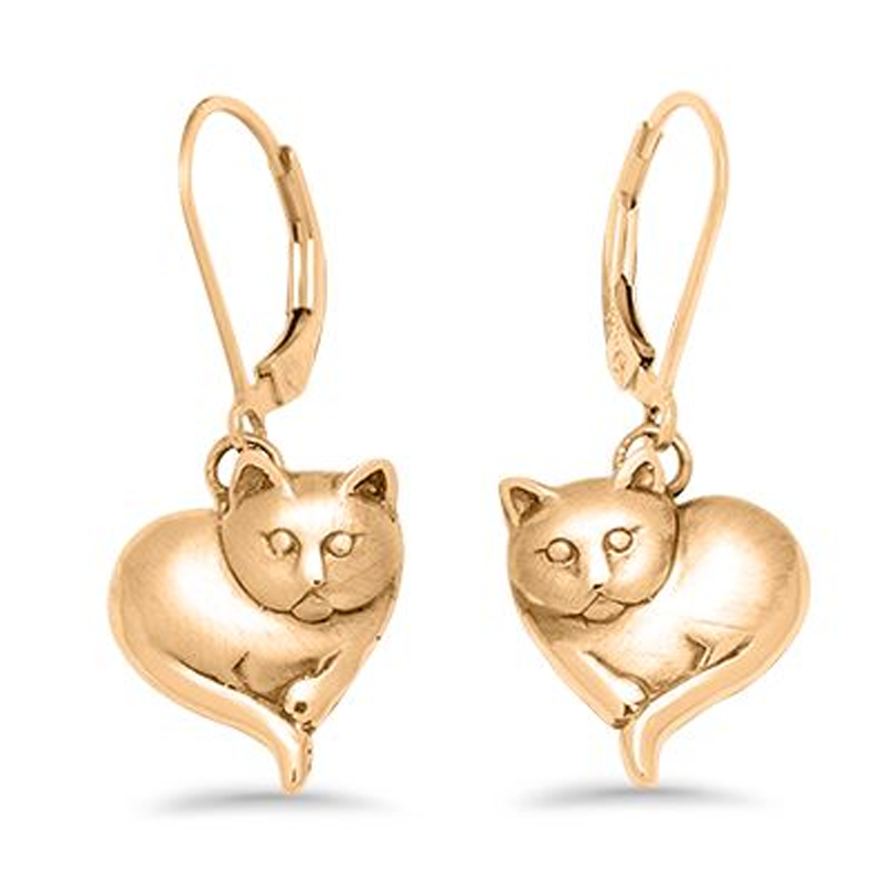 14K Gold Cat Heart Lever-back Earrings for Women-1