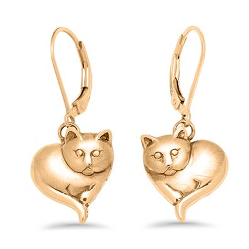 10K Gold Cat Heart Lever-back Earrings for Women-2