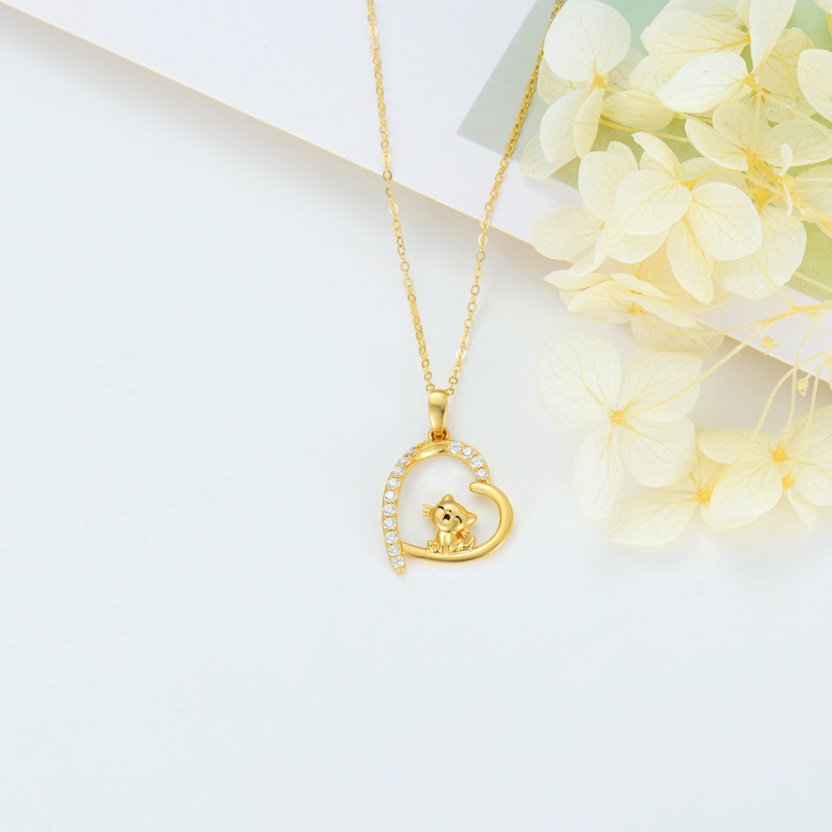 10K Gold Cubic Zirconia Cat & Heart Necklace for Women-3