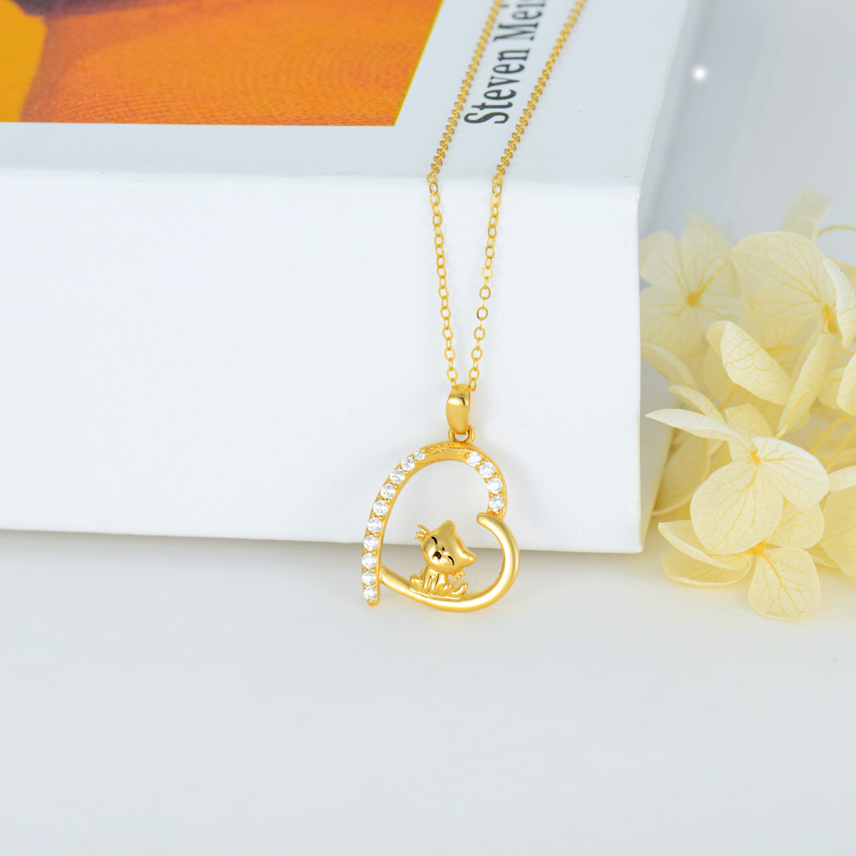 10K Gold Cubic Zirconia Cat & Heart Necklace for Women-4