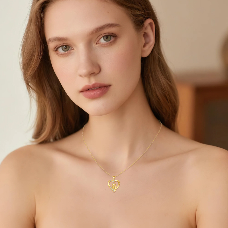 10K Gold Cubic Zirconia Cat & Heart Pendant Necklace-2