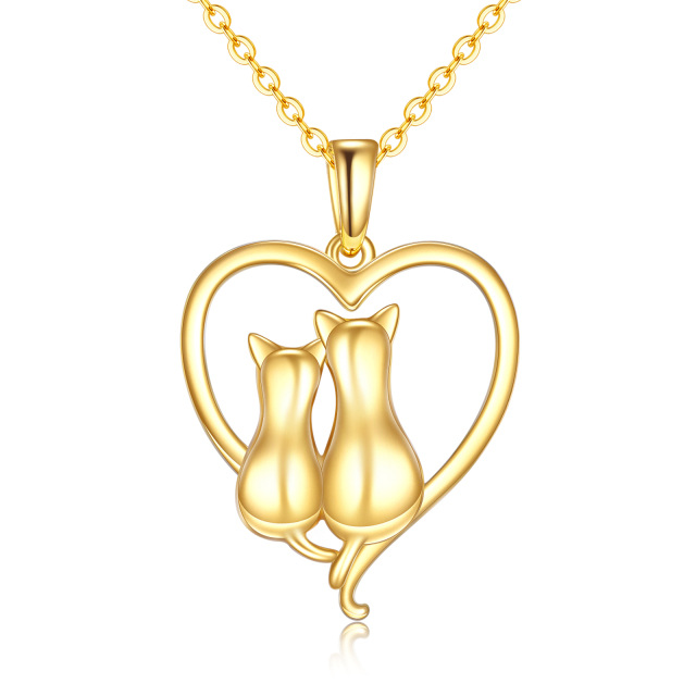 Collana con ciondolo a forma di gatto e cuore in oro 14K-1