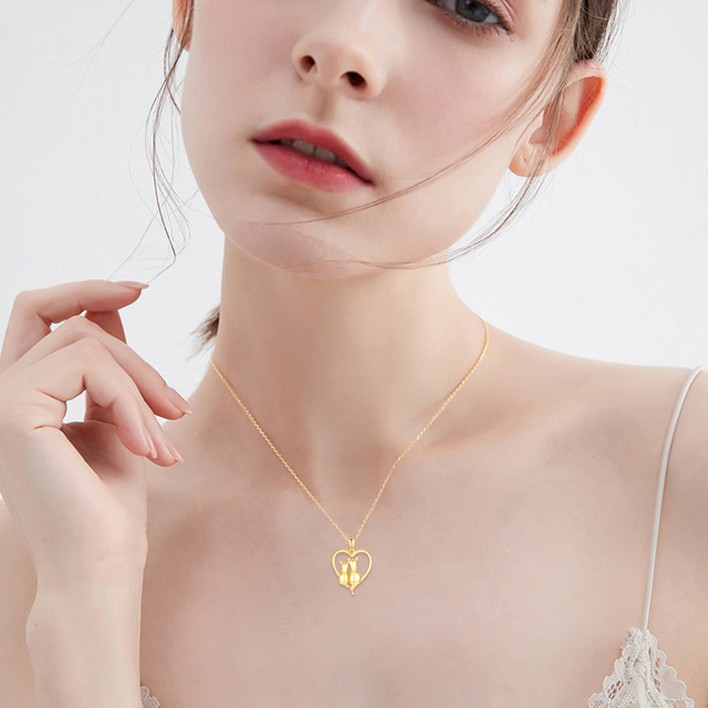 Collana con ciondolo a forma di gatto e cuore in oro 14K-2