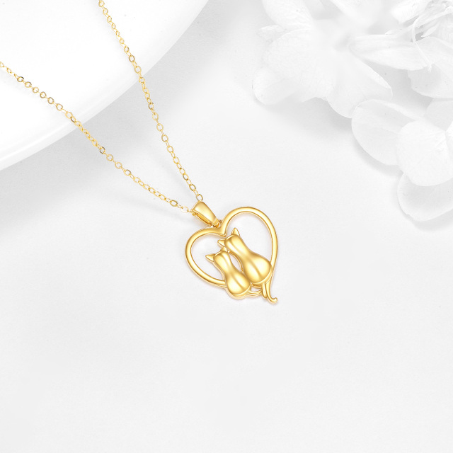 Collana con ciondolo a forma di gatto e cuore in oro 14K-3