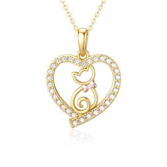 14K Gold Cat & Heart Pendant Necklace