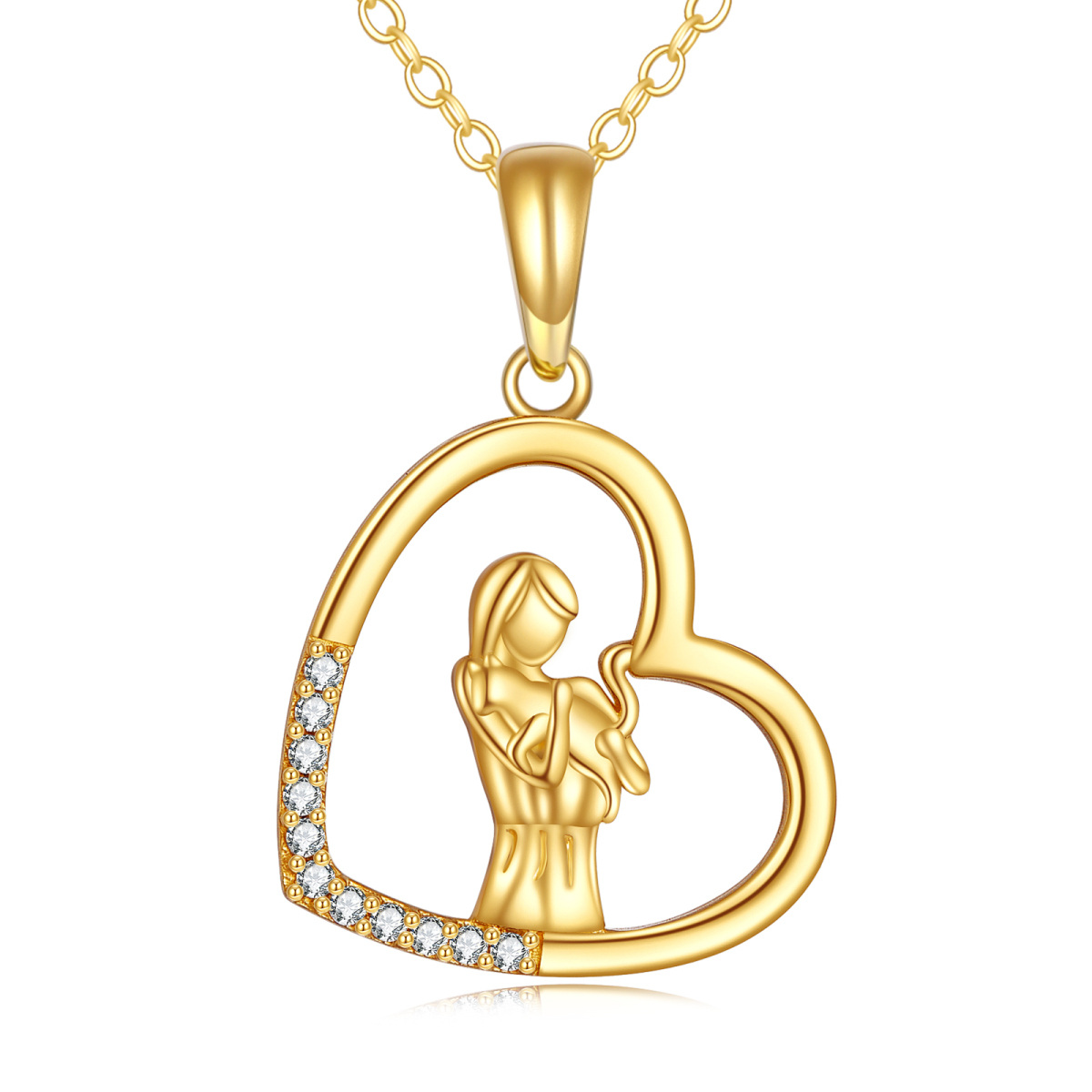 14K Gold Cubic Zirkonia Katze & Herz Anhänger Halskette-1