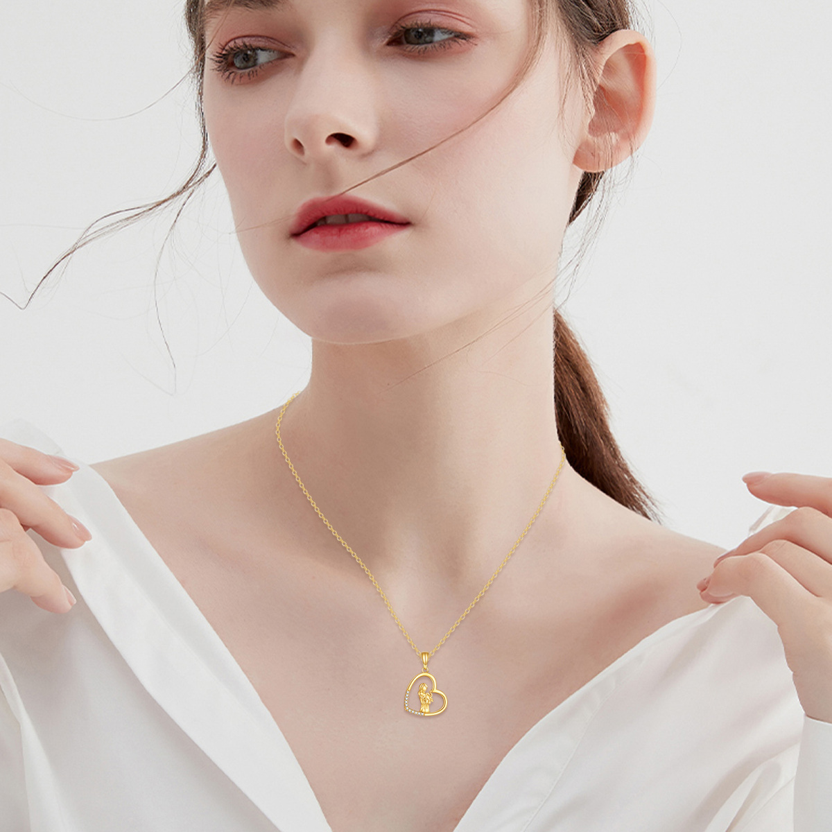 Collier en or 14K avec pendentif chat et coeur en zircon cubique-2