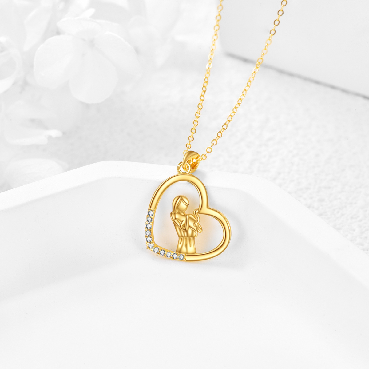 10K Gold Cubic Zirconia Cat & Heart Pendant Necklace-3