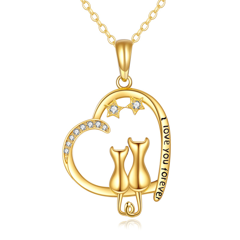10K Gold Cubic Zirconia Cat & Heart & Star Pendant Necklace with Engraved Word-3