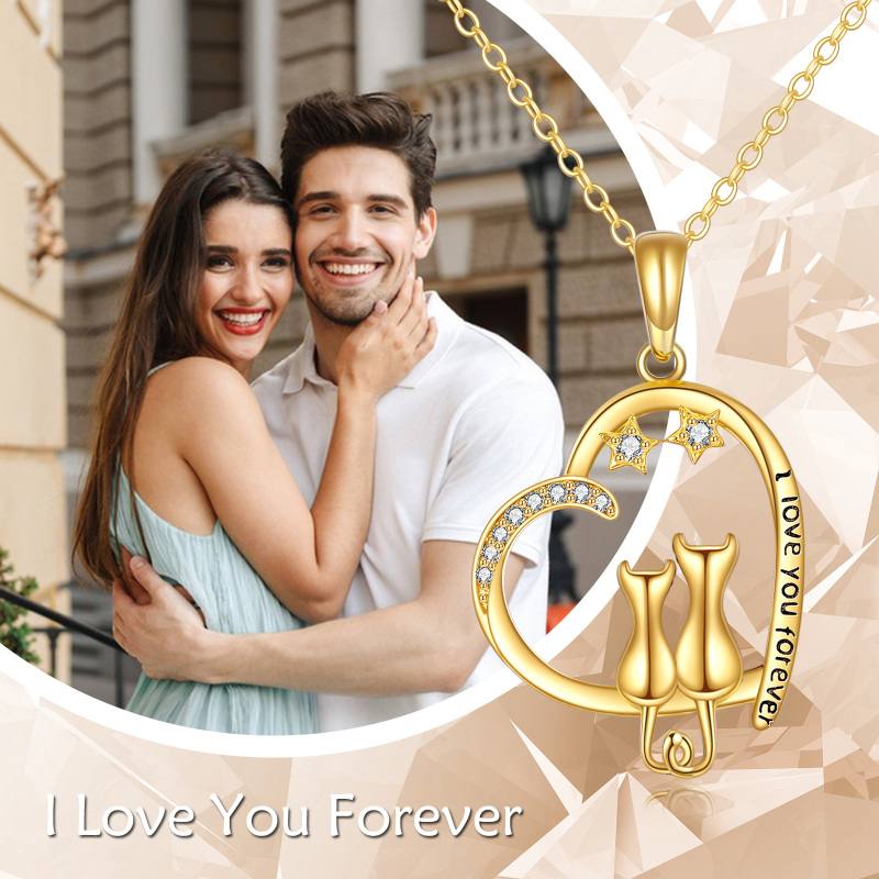 10K White Gold Cubic Zirconia Cat & Heart & Star Pendant Necklace with Engraved Word-4