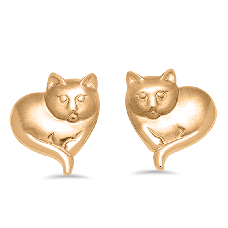 14K Gold Cat Heart Stud Earrings for Women-2