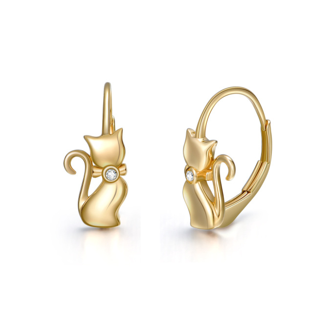 Orecchini a cerchio a forma di gatto con zirconia cubica in oro 14K