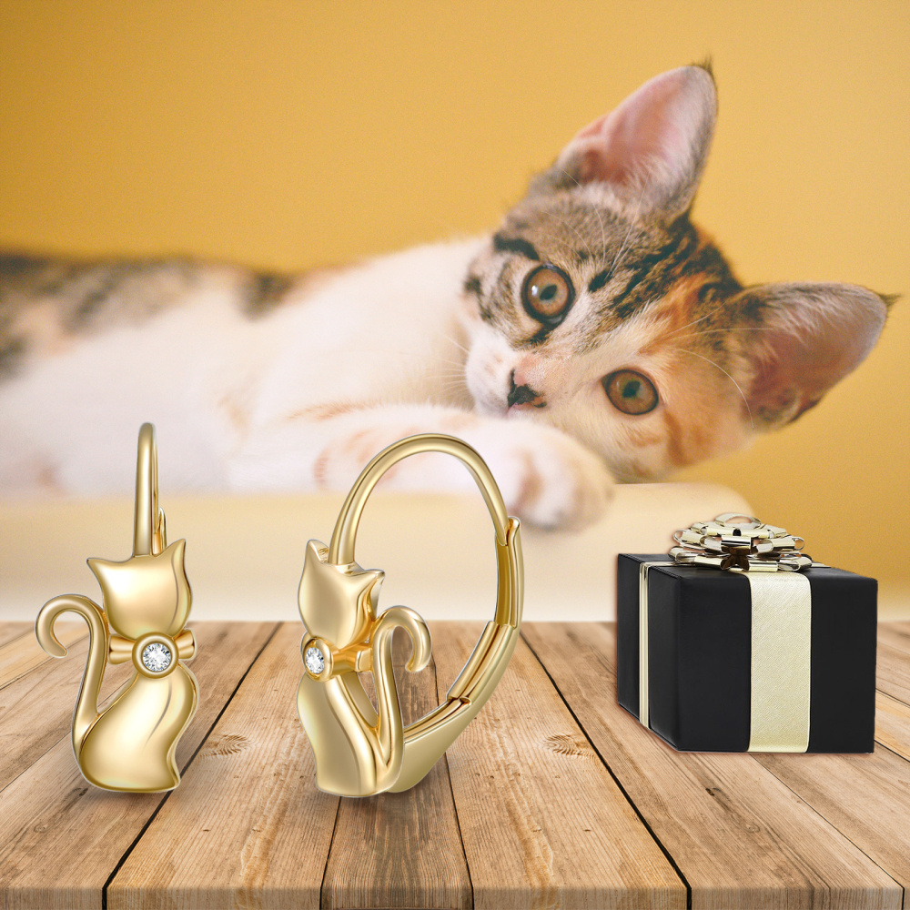 10K Gold Cubic Zirconia Cat Hoop Earrings-5