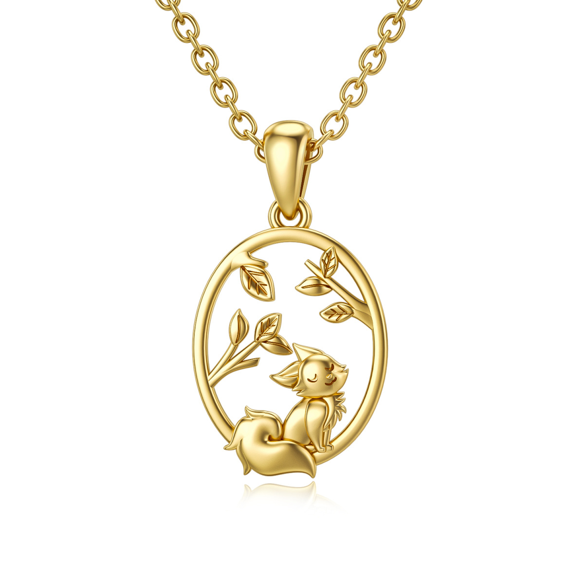 10K Gold Cat & Leaves Pendant Necklace-1