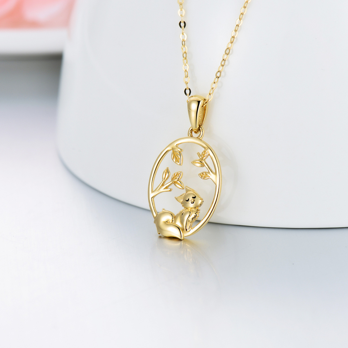 10K Gold Cat & Leaves Pendant Necklace-3